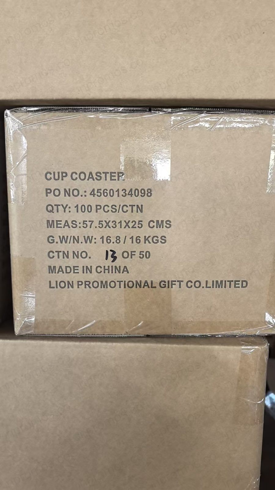 Shipping carton label showing LION PROMOTIONAL GIFT CO.LIMITED, PO#, quantity per carton