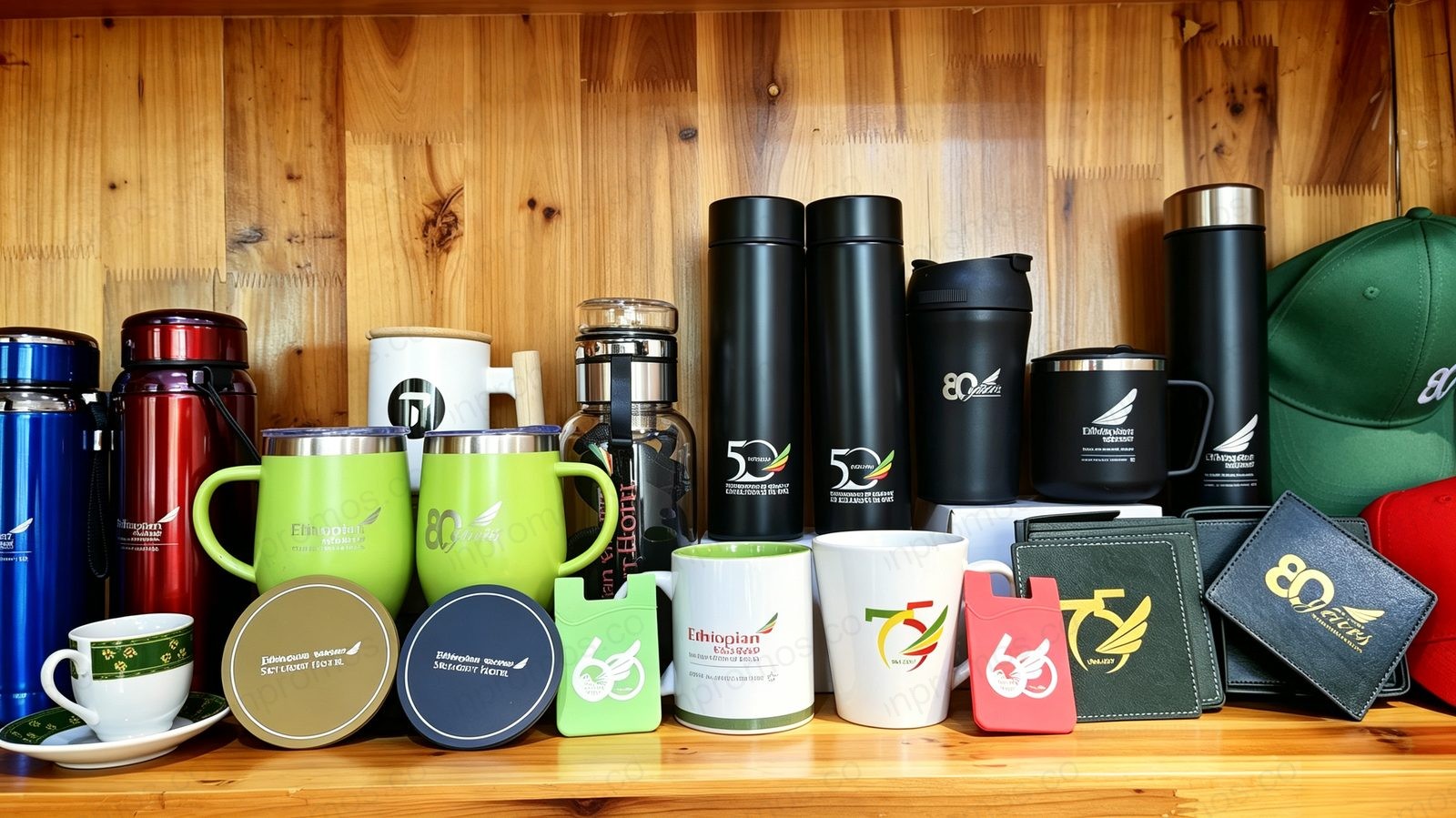 Real photo of complete drinkware collection — mugs, thermoses, coasters, wallets