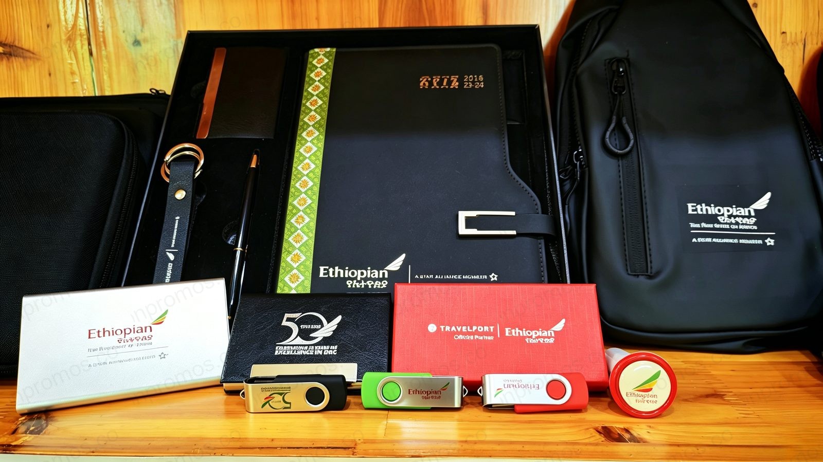 Executive office set — notebooks, backpack, USB drives, card holders — production photo