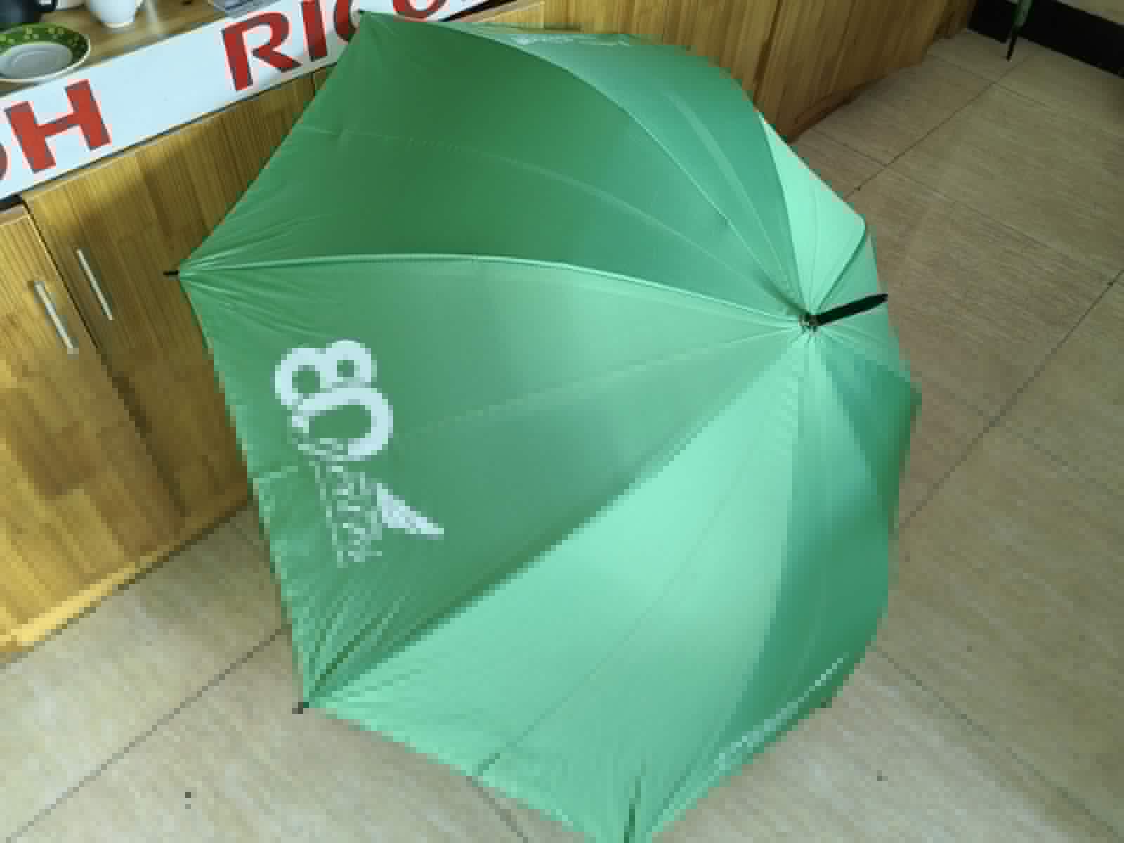 Green octagonal umbrella fully opened showing 80 years logo — production photo