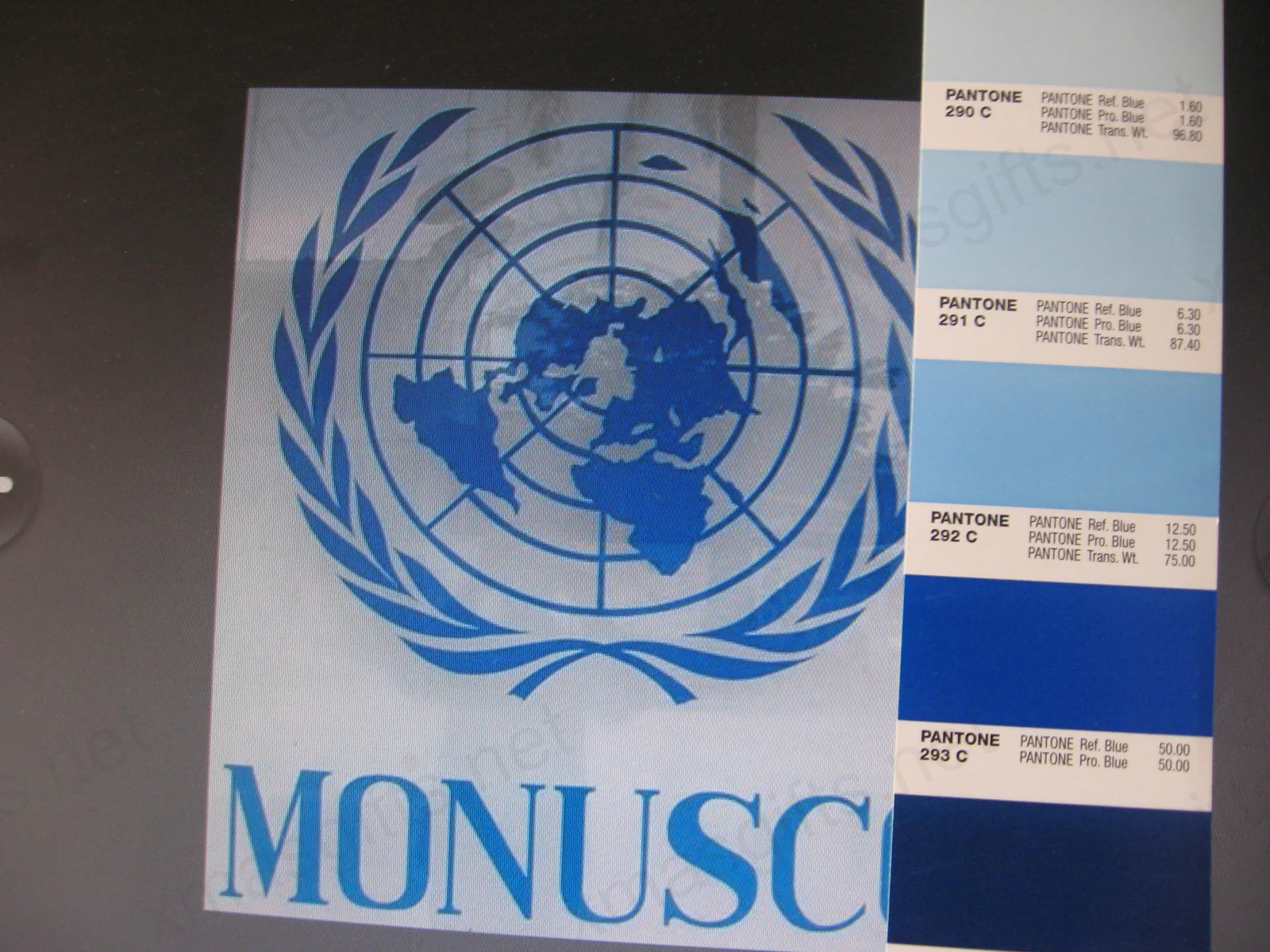 MONUSCO logo and Pantone color matching chart on screen