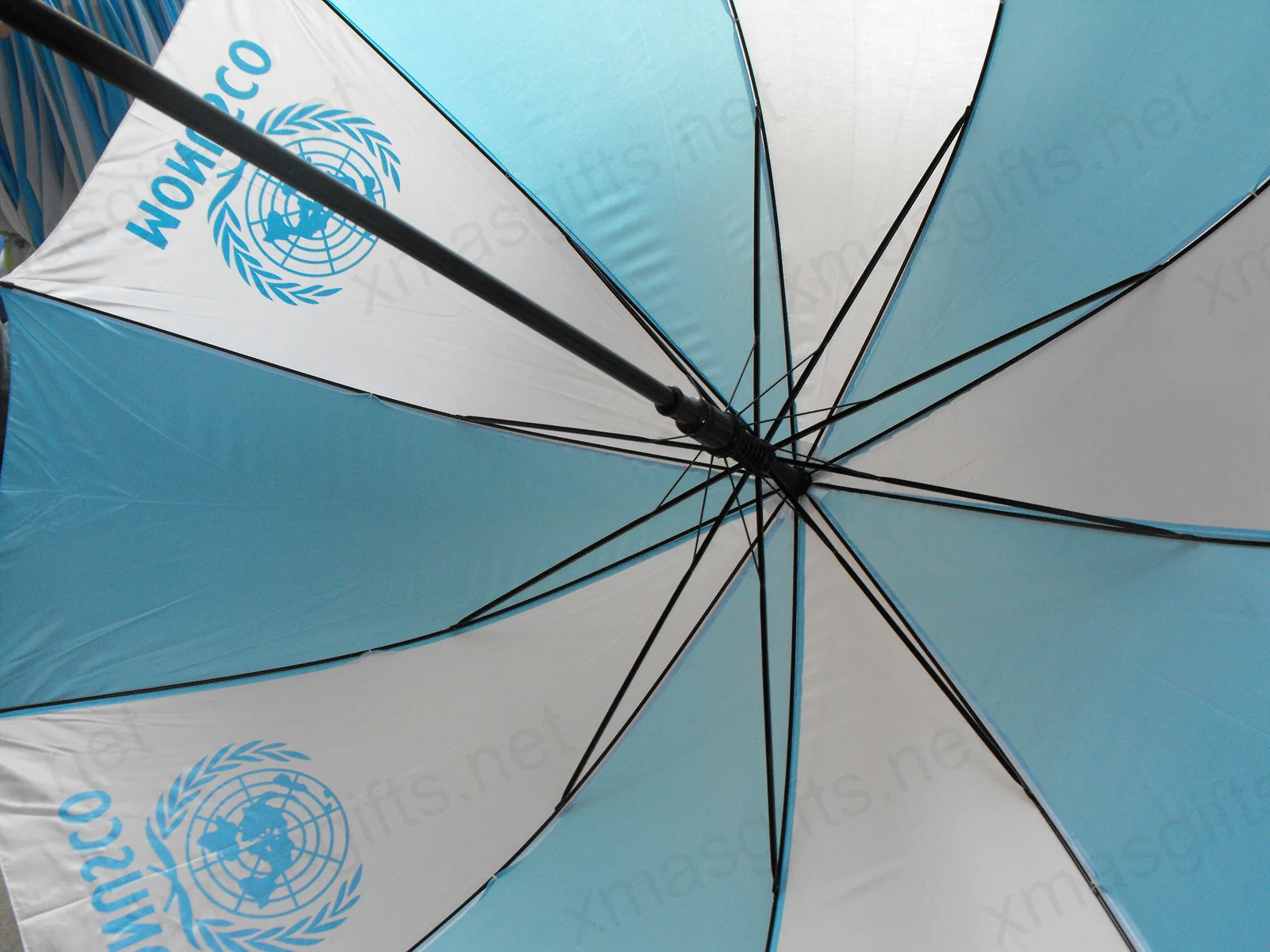 Inside view of MONUSCO umbrella showing logo