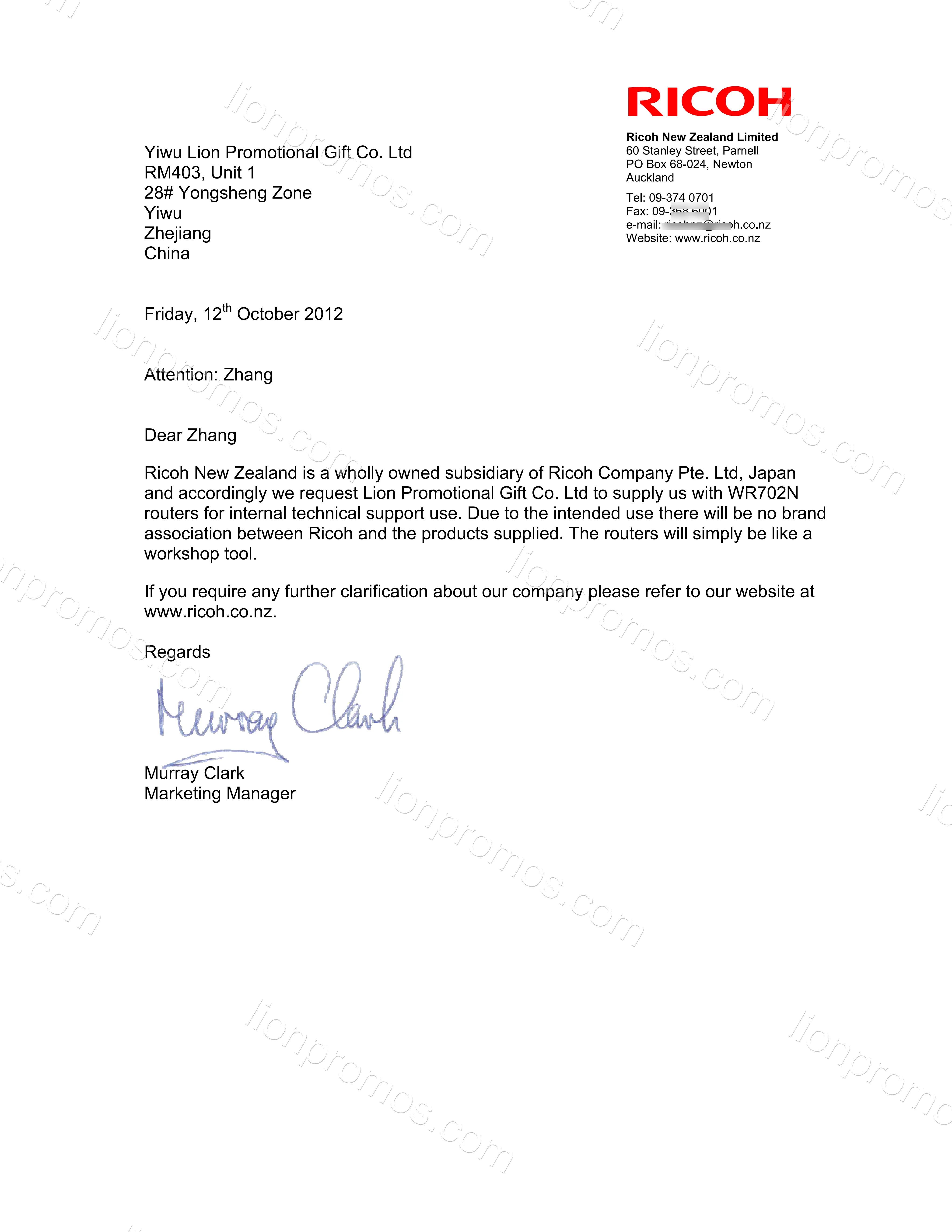 RICOH New Zealand brand authorization letter to Lion Promotional Gift Co Limited (contact details redacted)