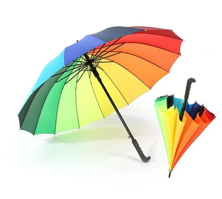 16 Rib Rainbow Long Umbrella, Curved Handle Manual