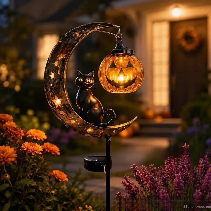 Black Cat Pumpkin Stake Light, Halloween Garden Decor