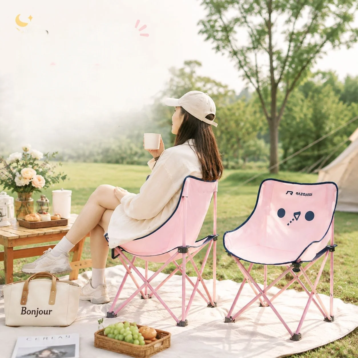 Pink Cute Moon Chair, Custom Logo Lady Gift Folding Camping Stool